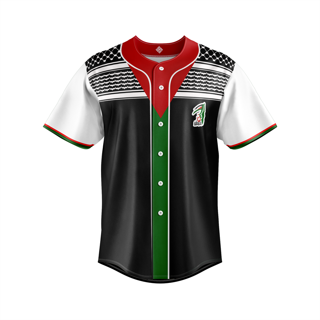 Front view of the Palestine 'Gaza Nights' Baseball Jersey symbolizing solidarity and resilience.