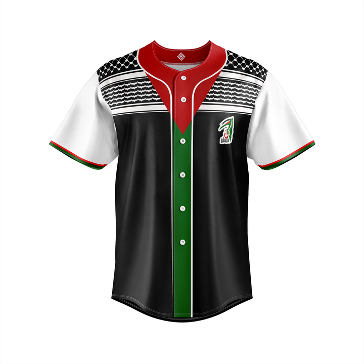 Front view of the Palestine 'Gaza Nights' Baseball Jersey symbolizing solidarity and resilience.